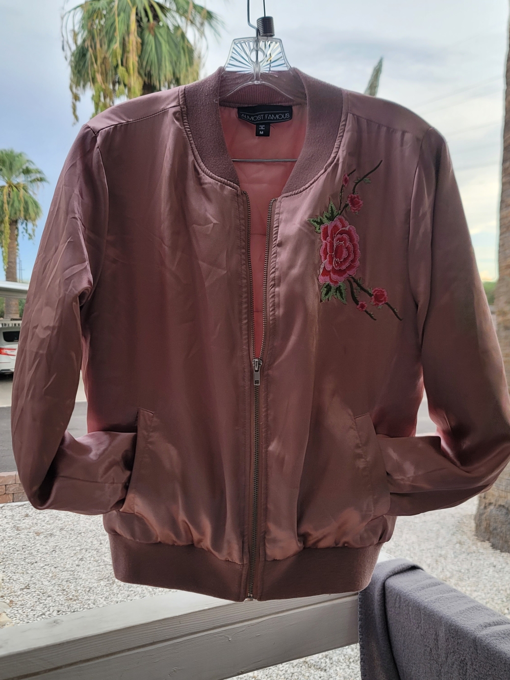 Almost Famous Dusty Rose Satin Bomber Jacket with Rose Patch Medium